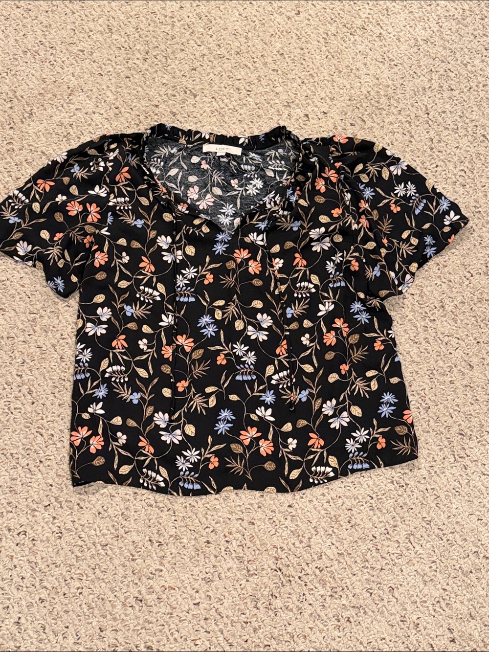 LOFT Black Floral Mixed Media Short Sleeve Blouse with Blue and Peach Blooms